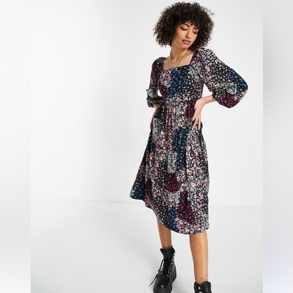 voilet romance Dresses & Skirts - Patchwork square neck midi boho peasant milkmaid cottagecore dress puff sleeve